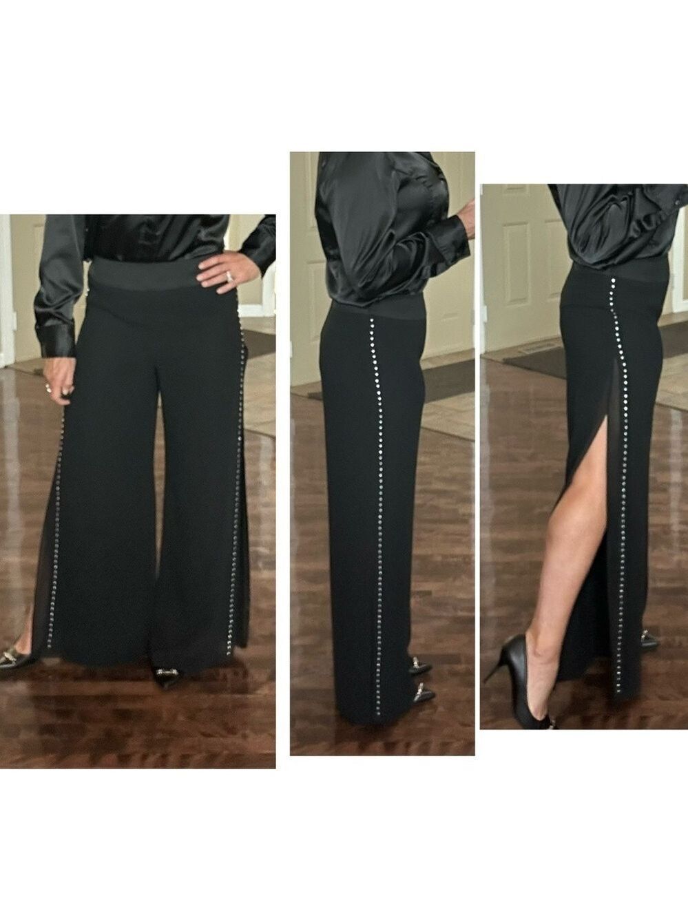 JS Collections black layered rhinestone trim chiffon high slit dress pants Sz 8